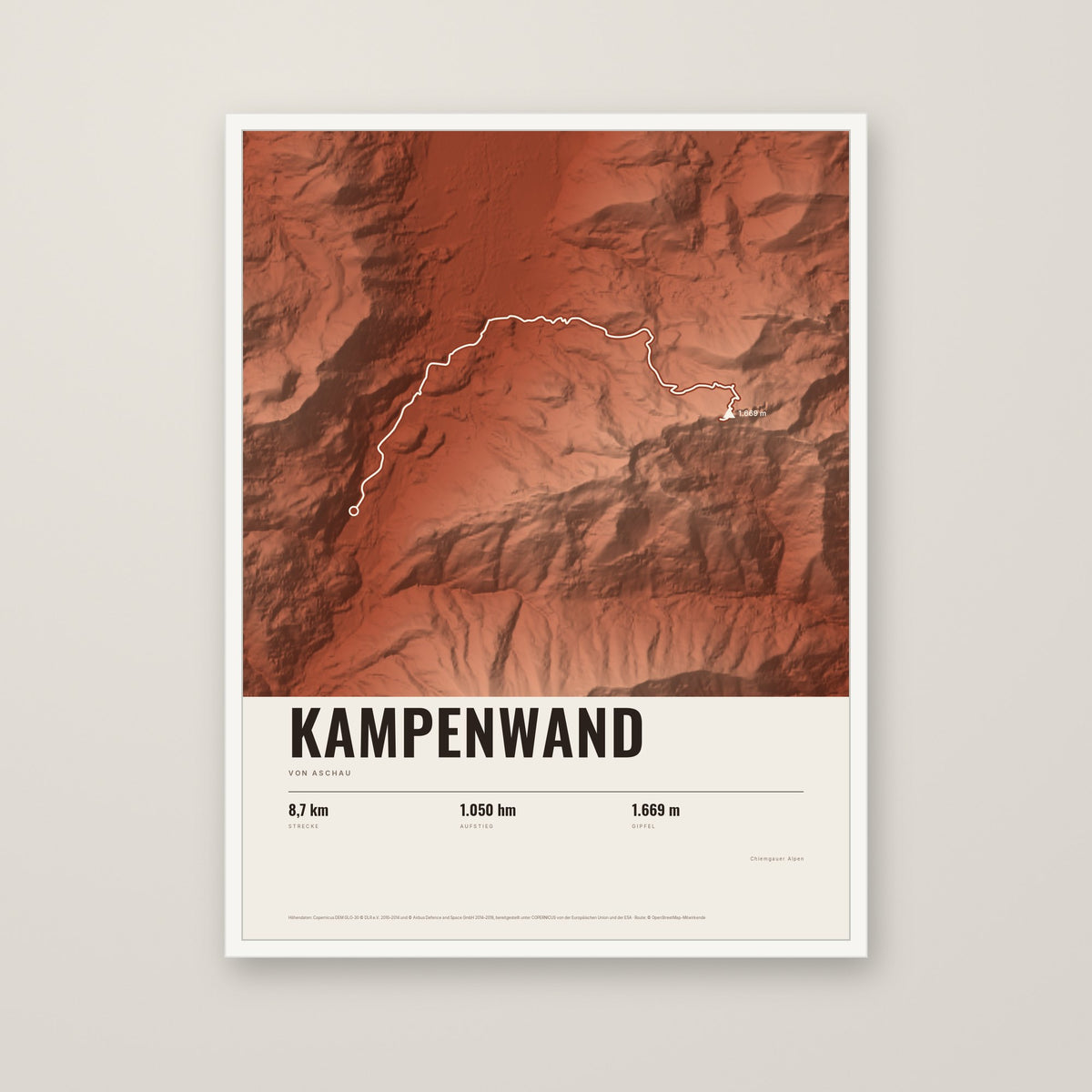 Tourposter Kampenwand im Stil Terra, weißer Rahmen