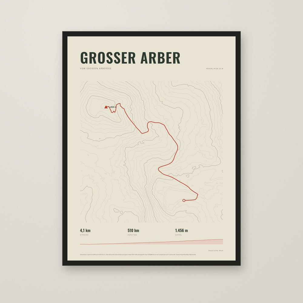 Höhenlinien-Poster Großer Arber im Stil Topo mit schwarzem Rahmen