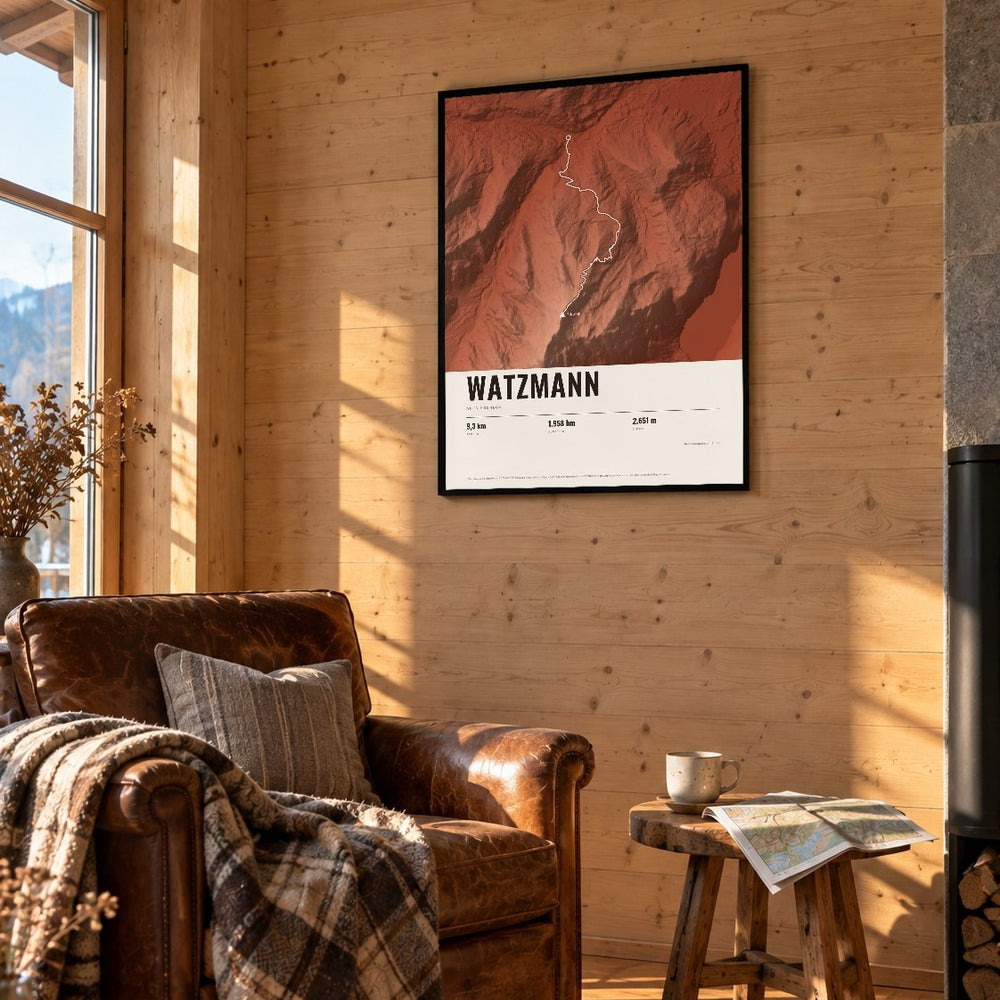 Reliefposter Watzmann im Stil Terra in einer Holzhütte über einem Ledersessel