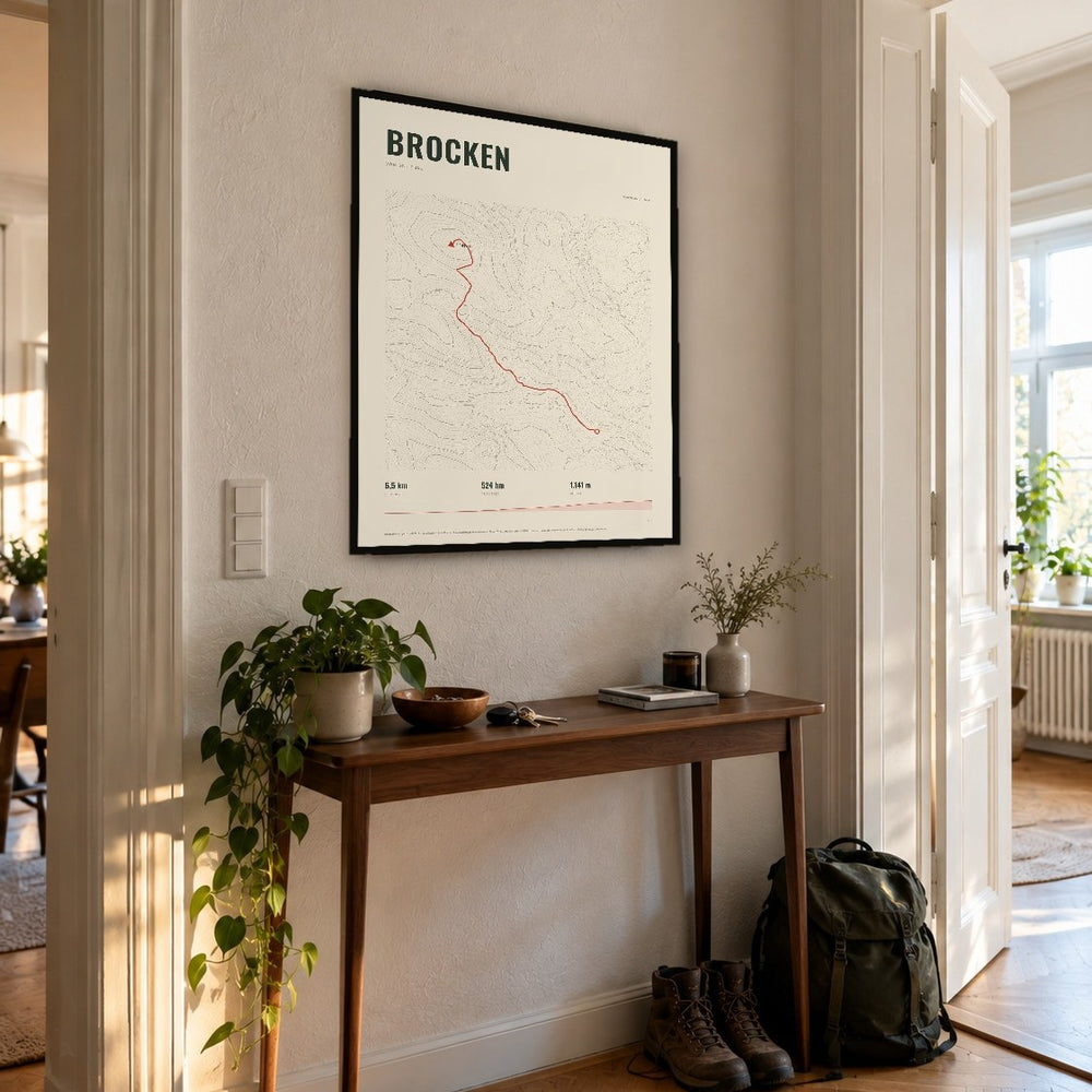 Poster Brocken im Stil Topo im Flur über einer Holzkonsole