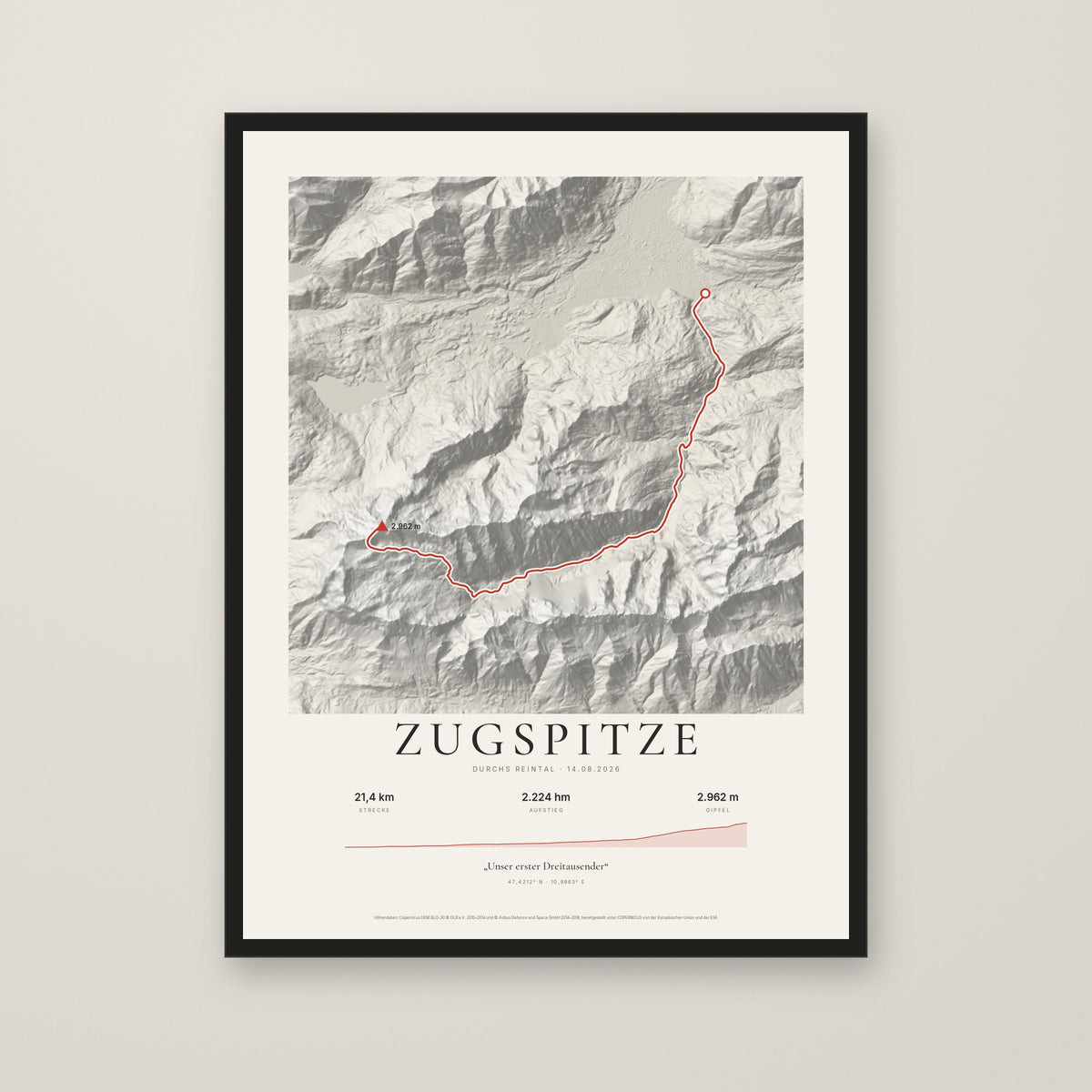 Tourposter Zugspitze im Stil Papier, schwarzer Rahmen