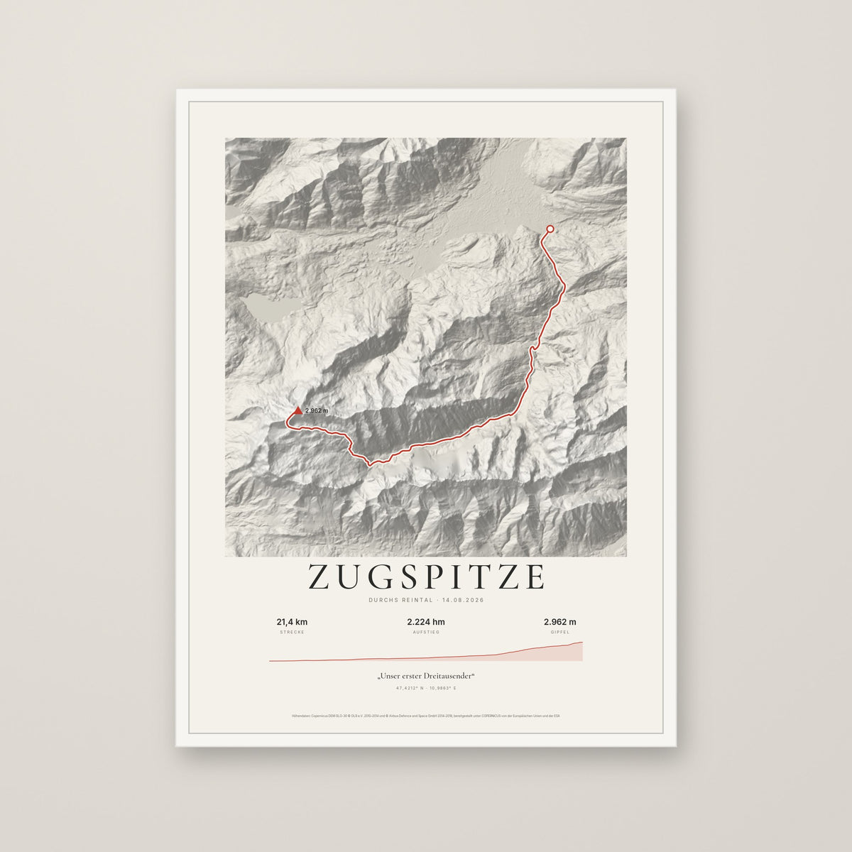Tourposter Zugspitze im Stil Papier, weißer Rahmen