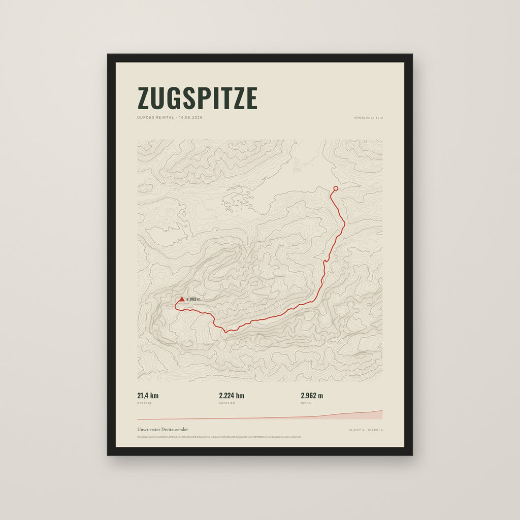 Tourposter im Stil Topo mit Höhenlinien, schwarzer Rahmen