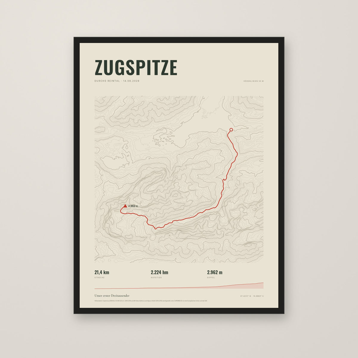 Tourposter im Stil Topo mit Höhenlinien, schwarzer Rahmen