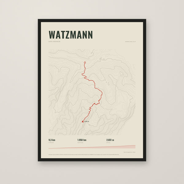 Tourposter Watzmann im Stil Topo, schwarzer Rahmen
