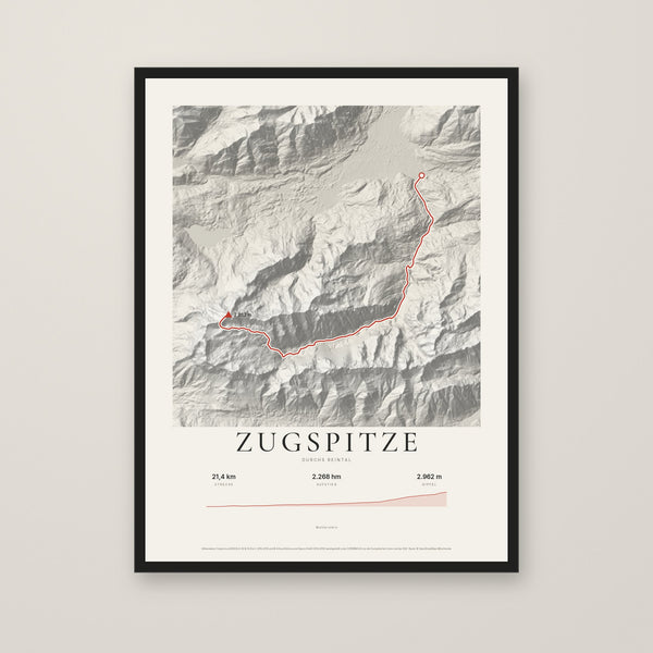 Tourposter Zugspitze im Stil Papier, schwarzer Rahmen